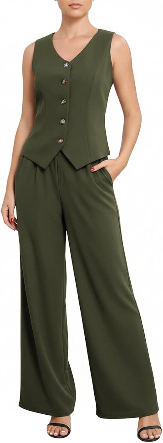 Womens Vest Sets Summer 2 Piece Outfits Elegant Blazer Vest Pockets Wide Leg Pant Suit Casual Matching Set