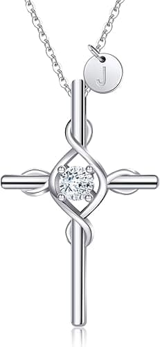 RIVIKO Cross Pendant Initial Necklace – 925 Sterling Silver Personalized Letter Jewelry