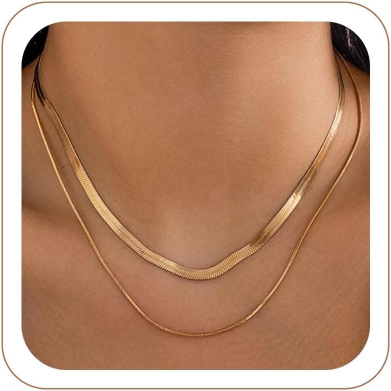 2PCS Herringbone Necklace for Women, Dainty 14K Gold Necklace for Women Snake Chain Necklace Layered Gold Plated Choker Necklaces for Woman Trendy Jewelry Gifts for Teens