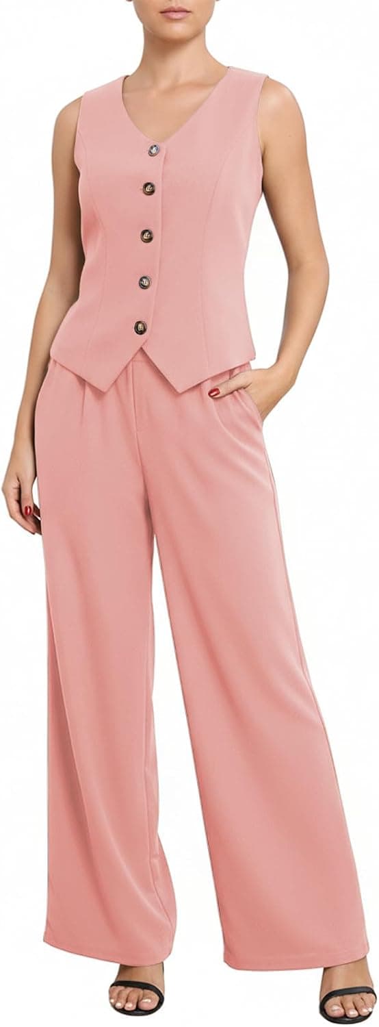 Womens Vest Sets Summer 2 Piece Outfits Elegant Blazer Vest Pockets Wide Leg Pant Suit Casual Matching Set
