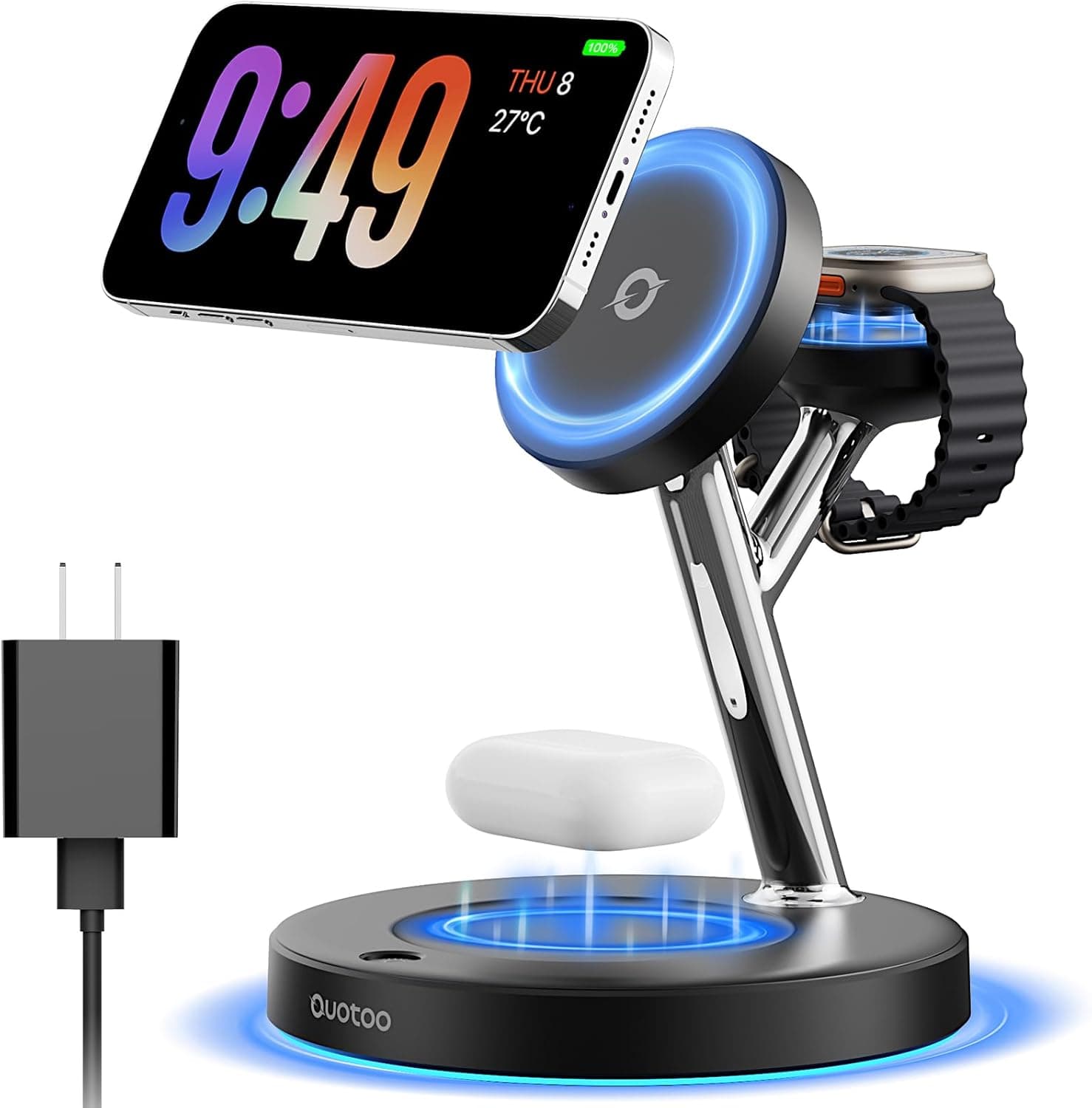 3 in 1 MagSafe Wireless Charger Stand for iPhone Apple Watch AirPods | Adjustable Blue Ambient Light,15W Magnetic Charging Station for iPhone 17 16 15 14 13 12 Series wireless charging station