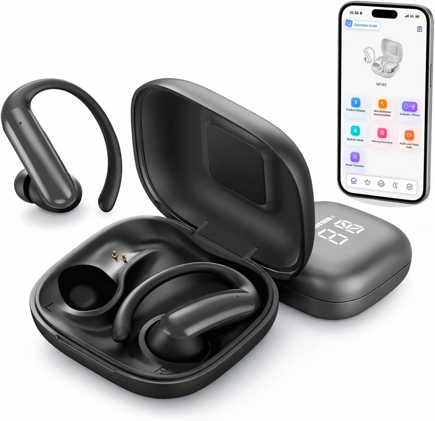 linktoonex AI Translator Earbuds – Real-Time 139 Languages, LED Display, Open-Ear Design