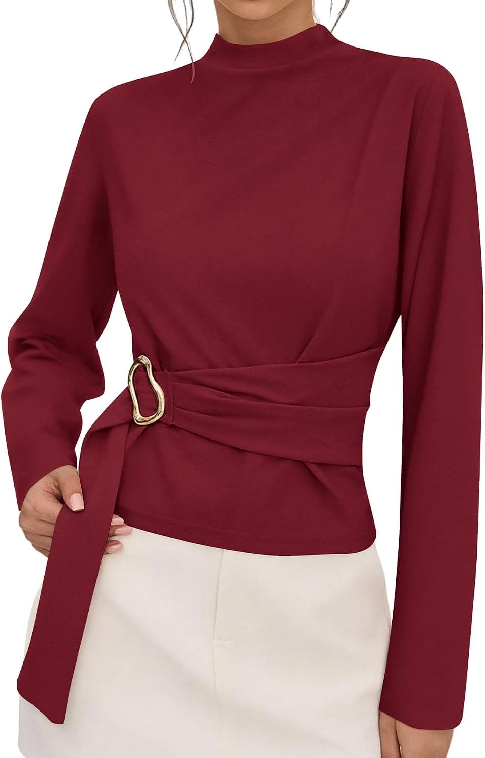 PRETTYGARDEN Women Blouses 2026 Fall Dressy Mock Neck Long Sleeve Work Shirts Buckle Belted Tunic Business Casual Tops