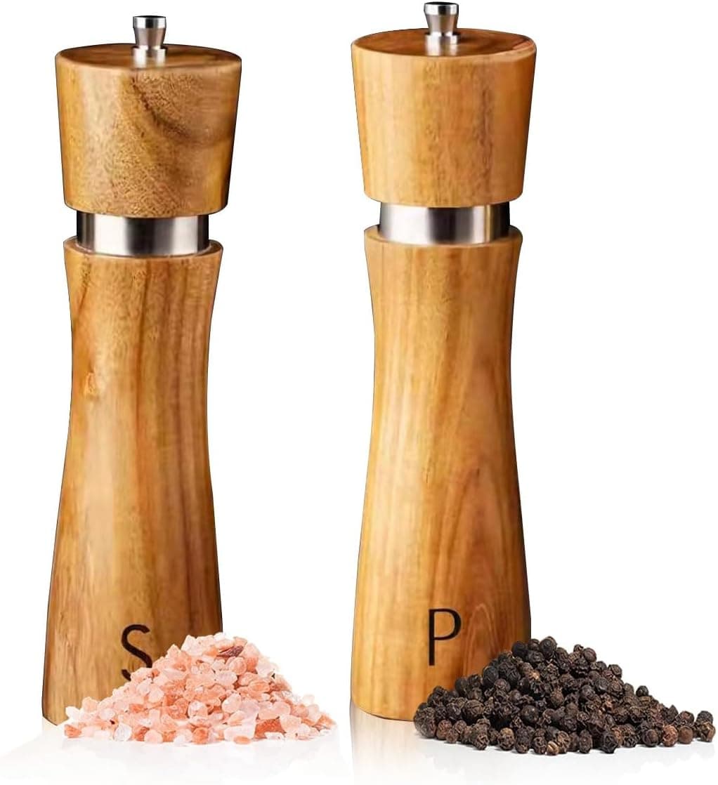 Wooden Salt and Pepper Grinder Set, 8 Inches Refillable Acacia Wood Mills
