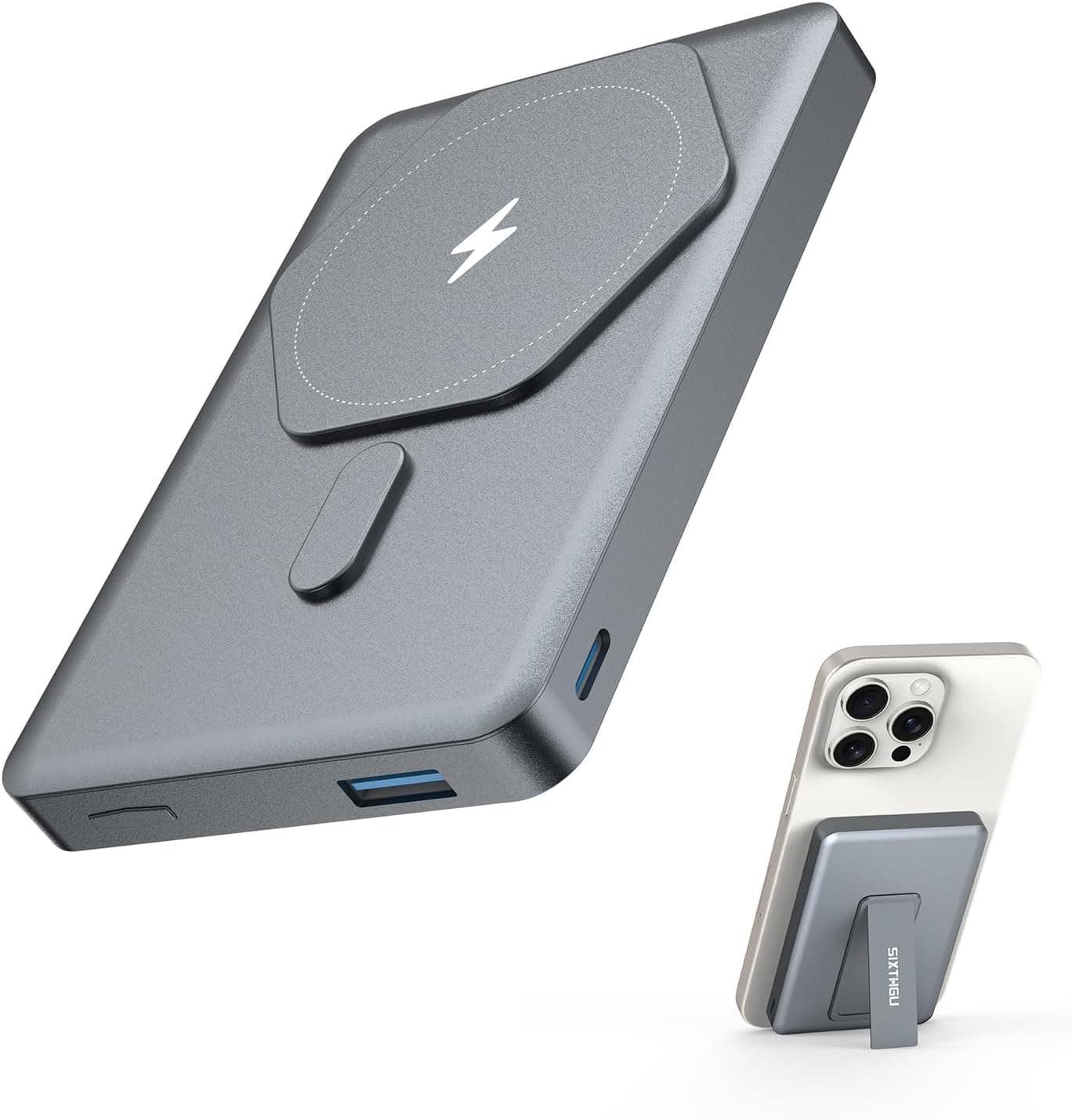SIXTHGU Magnetic Power Bank for Magsafe, 10000mAh Wireless Portable Charger with Stand[Alloy Made], 22.5W Fast Charging, PowerMag for iPhone 17/16/15/14/13/12 Pro/Pro Max/Plus/Mini, Titanium