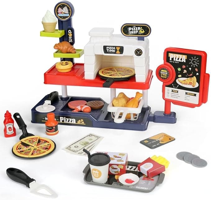Kids Pizza Play Set – Pretend Pizza Kitchen Toy with Cutting Food, Grill, Fryer, Cash Register & Accessories – Montessori Role Play & Birthday Gift for Toddlers Ages 3-6