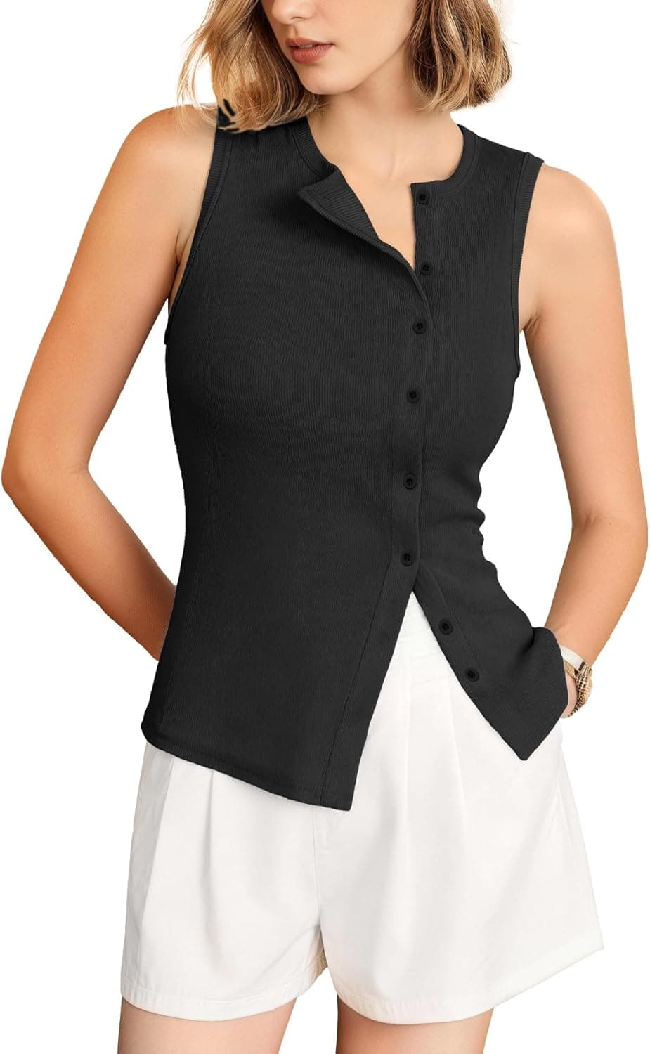 Outfeel Women's Asymmetric Button Down Tank Top - Cute Casual Ribbed Knit, Form-Fitting Slim Fit Sleeveless Cami Summer Top
