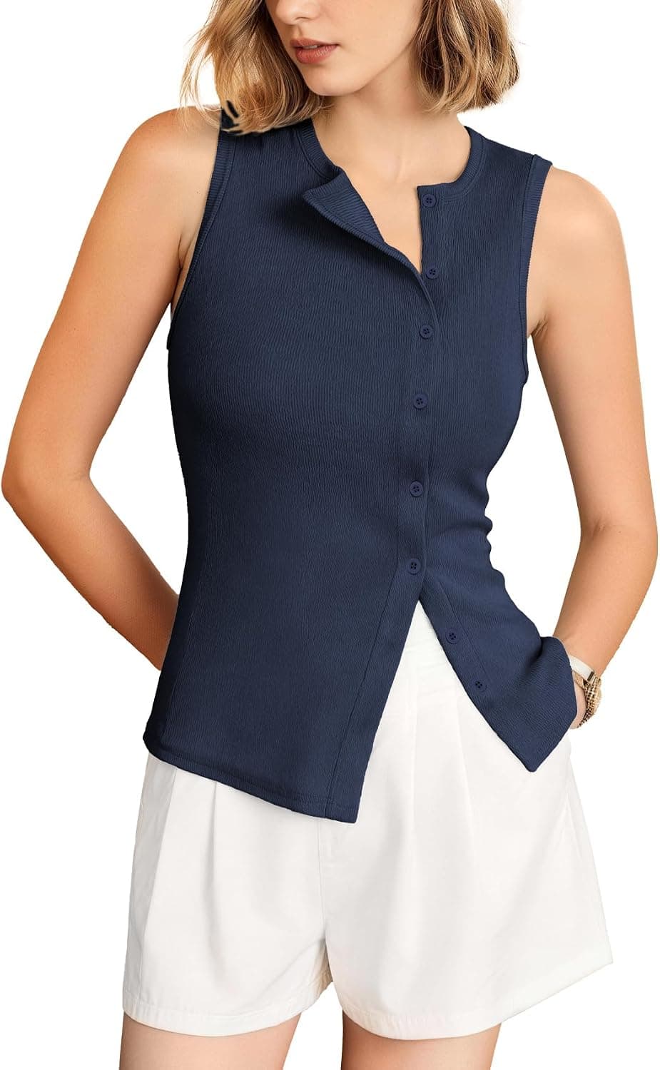 Outfeel Women's Asymmetric Button Down Tank Top - Cute Casual Ribbed Knit, Form-Fitting Slim Fit Sleeveless Cami Summer Top