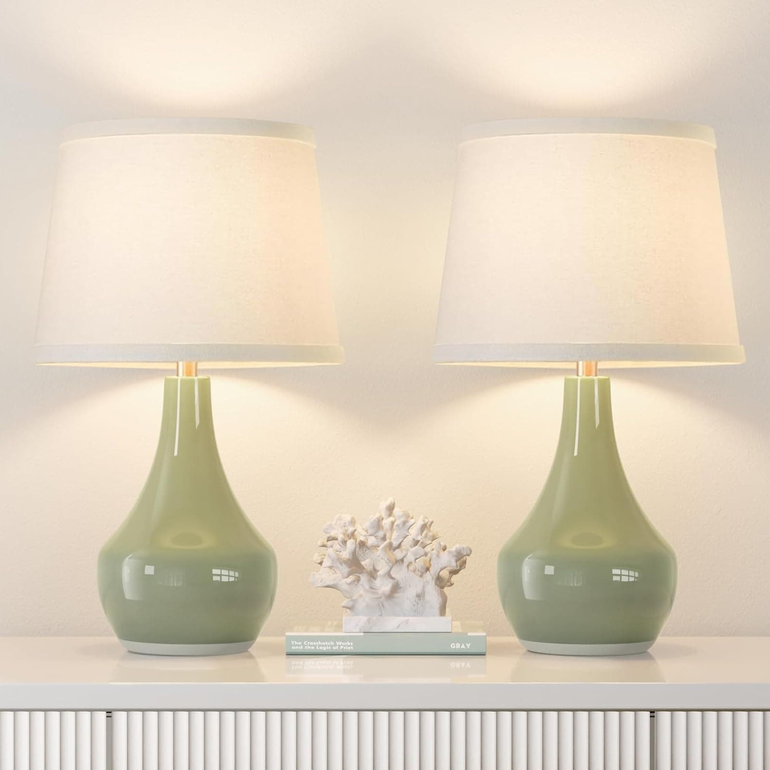 Seealle Modern Green Table Lamps Set of 2 – Ceramic Bedside Lamps with Rocker Switch