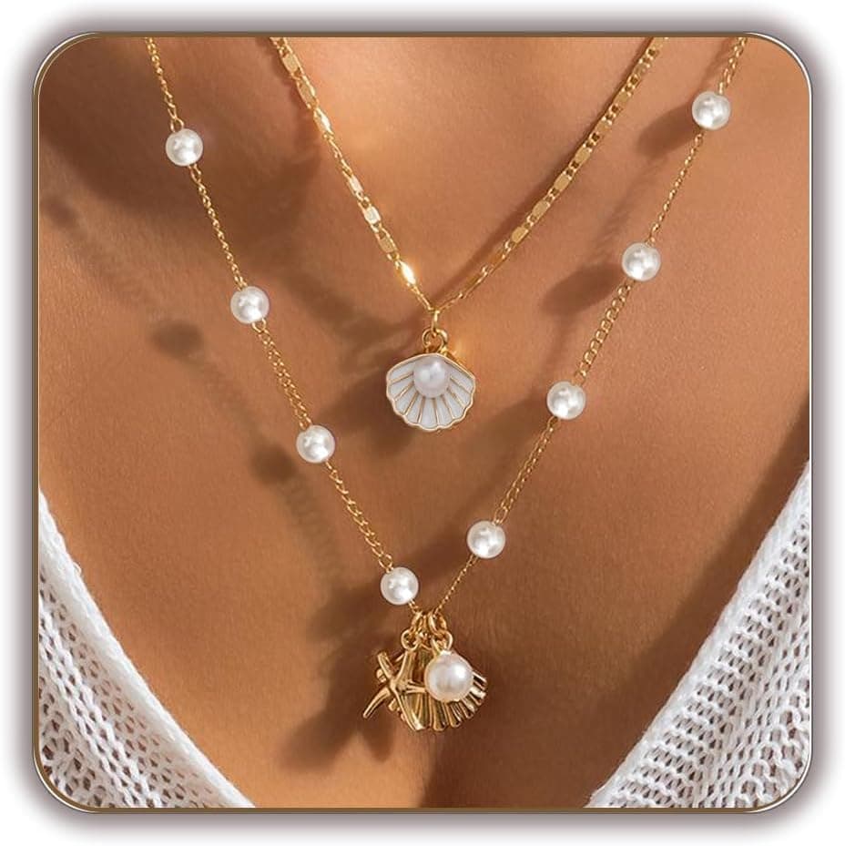 Seashell Necklace Summer Gifts for Women Layered Starfish Necklace Pearl Shell Leaves Beach Charm Necklaces Holiday Birthday Gifts Jewelry Trendy Stuff