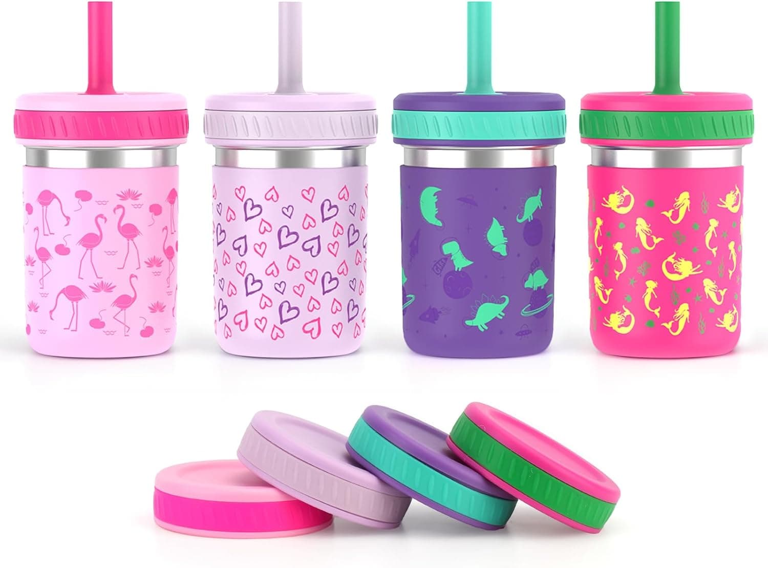 Sursip Toddler Kids Cups with Lids and Straws, Stainless Steel Sippy Cups Spill Proof Tumbler for Drinking, Smoothies, Snacks, Milk BPA-Free [4 Pack] 15 Ounces