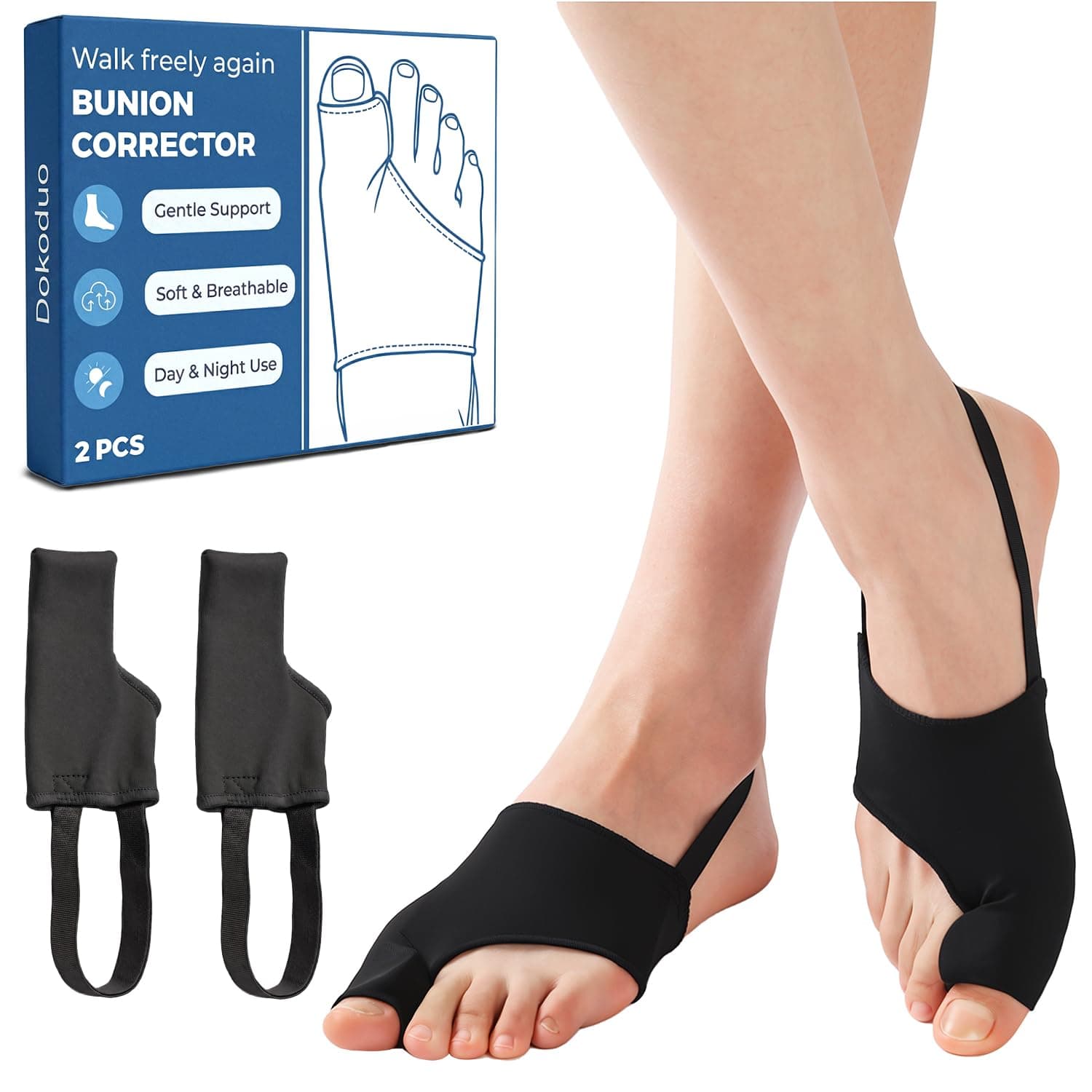 MasterMo 2 PCS Bunion Corrector for Women & Men - Professional Big Toe Straightener with Non-Slip Heel Strap, Breathable Bunion Splint & Relief Socks for Hallux Valgus, Day & Night Support (Black, L)