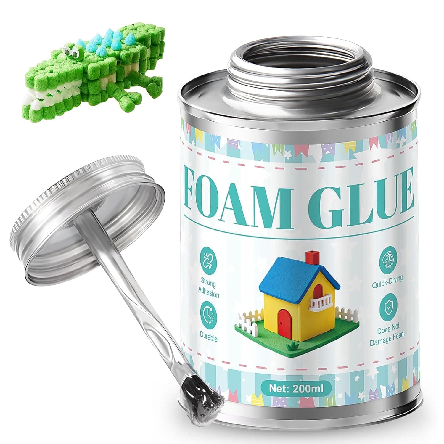 6.76 Oz Foam Glue, Foam Tac, Styrofoam Glue with Brush, Fast-Adhesive | Transparent and Residue-Free, Suitable for Various Materials Such as Foams, Paper, Metal, Plastic, Fabric and Cardboard