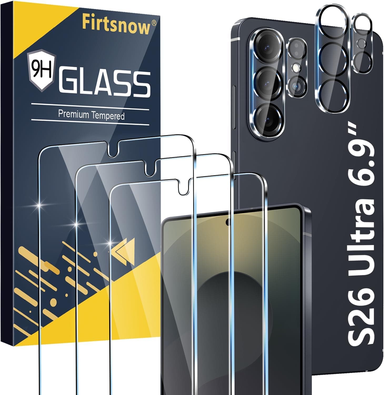firtstnow 3 Pack for Samsung Galaxy S26 Ultra Screen Protector Tempered Glass + 3 Pack Camera Lens Protector, Military Grade Shatterproof, 9H Hardness, Fingerprint Unlock,Case Friendly 6.9 Inch