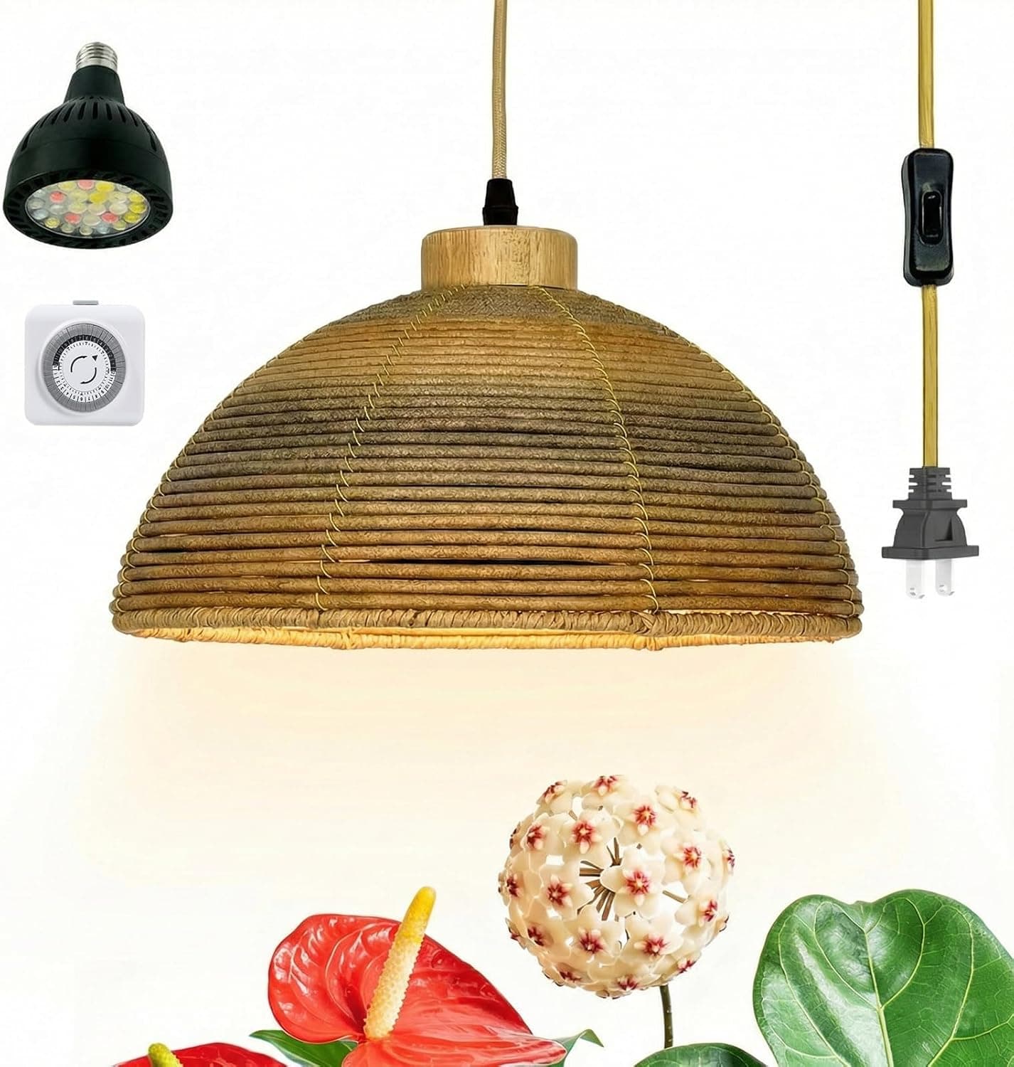 40W Boho Rattan Hanging Grow Light, Full Spectrum Pendant Light for Indoor Plants, 15ft Plug-in Cord & Mechanical Timer, Wabi-Sabi Decor for Monstera, Fiddle Leaf Fig & Tall Plants