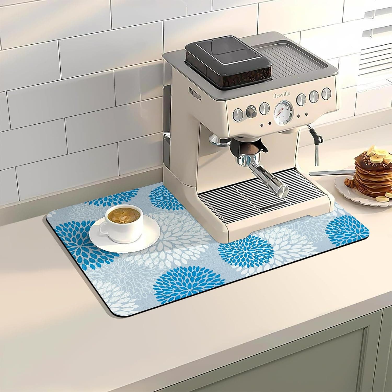 Dish Drying Mat with Rubber Backed - Super Absorbent Kitchen Mat for Countertop & Dish Rack Pad (Blue Floral)
