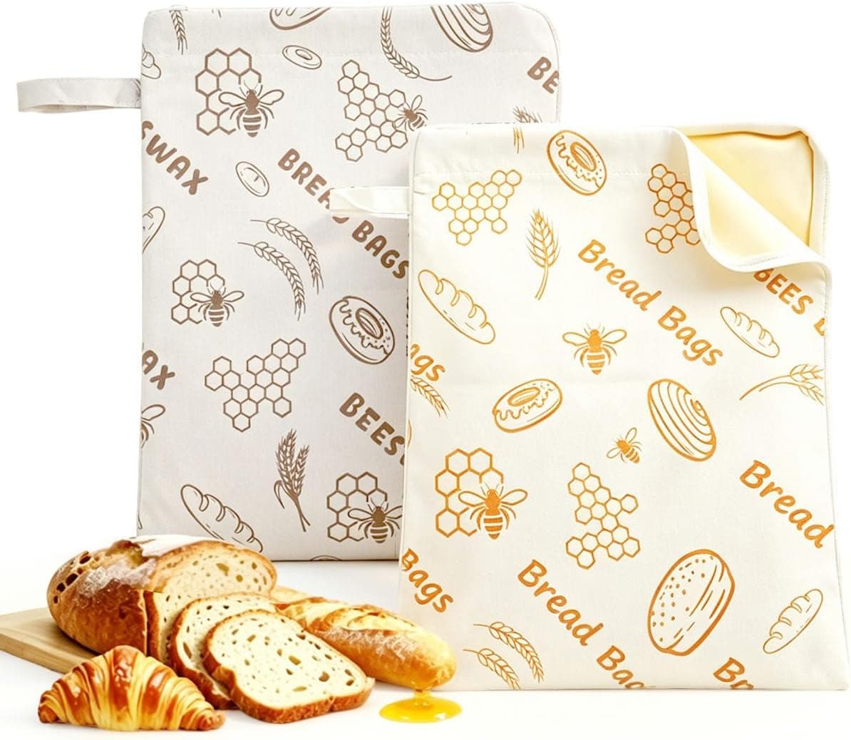 [2 Packs] Zkacsue Beeswax Bread Bag for Homemade Sourdough - 12x16 Inch Reusable Bread Bags with Zipper Seal