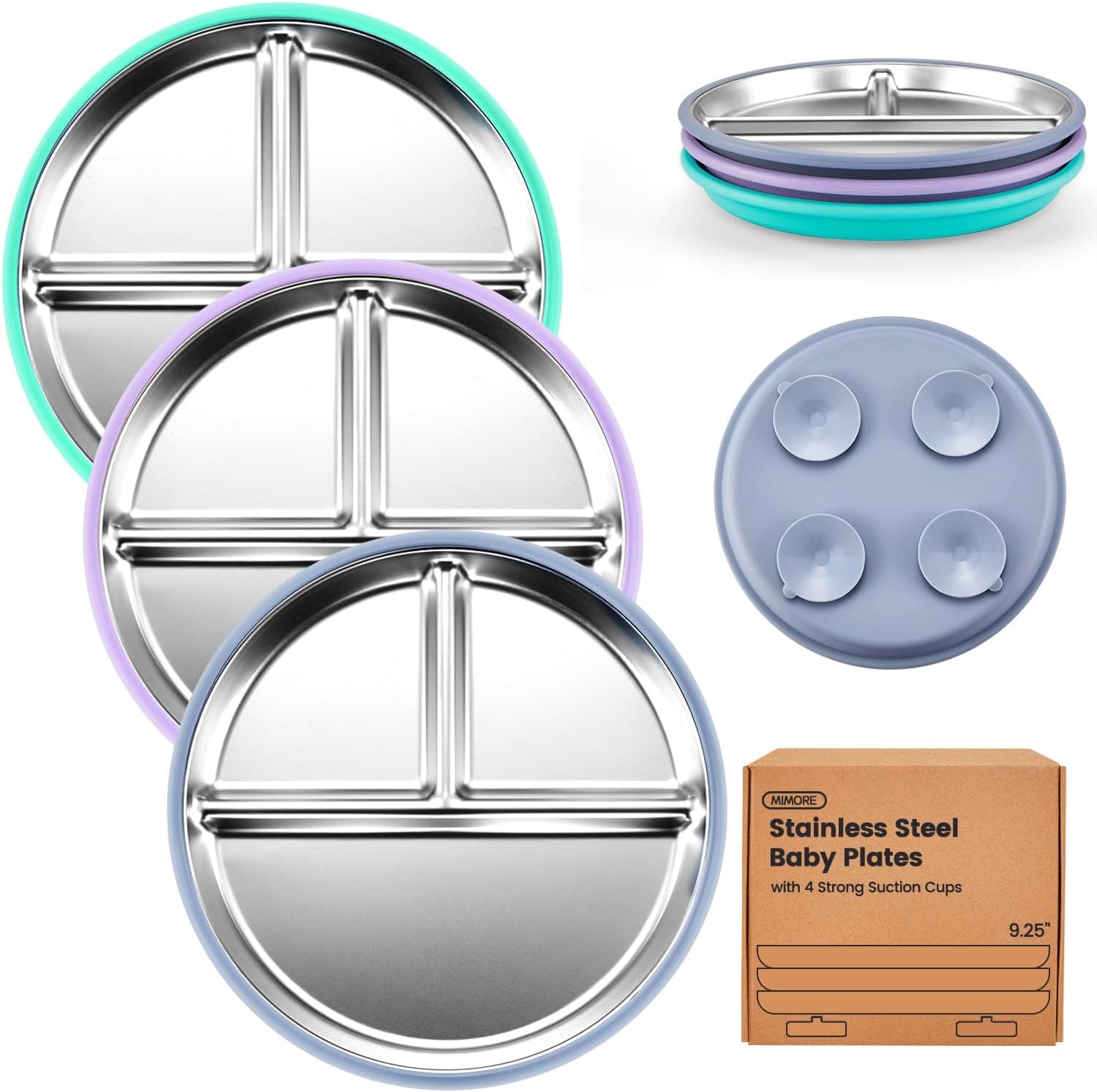 MIMORE Stainless Steel Toddler Plate – 3 Pack 9.25" Suction Baby Plates (Non‑Toxic & BPA‑Free)
