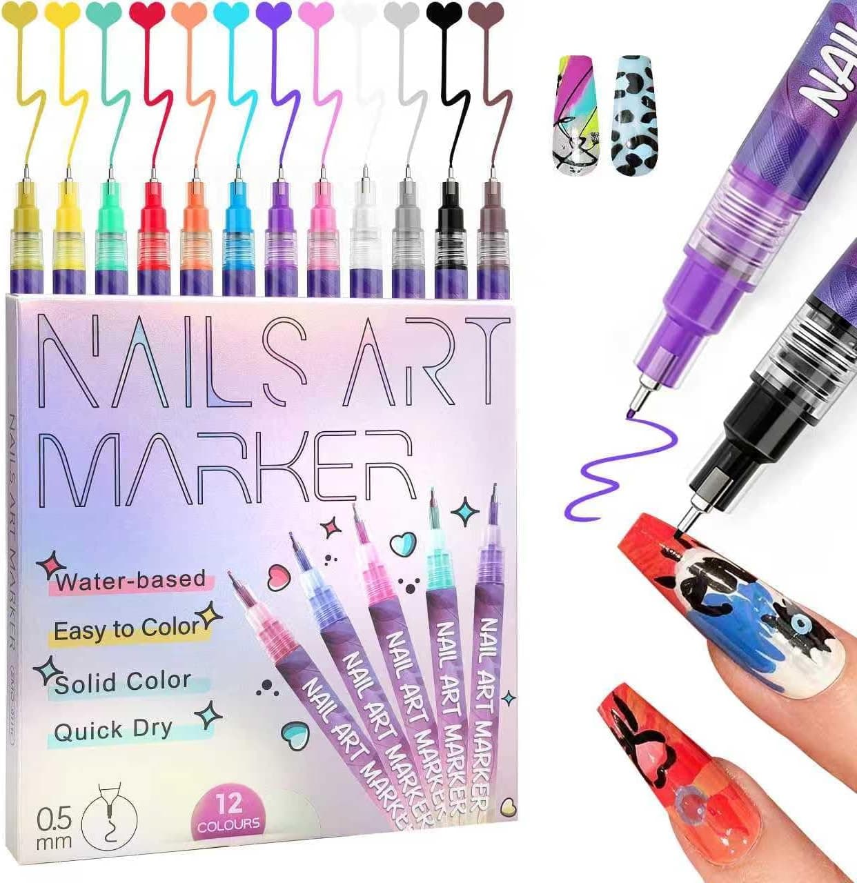 Nail Art Pens Markers Kit 12 Colors 0.5mm Fine Tip Nail Polish Pens, Quick Dry Waterproof Nail Polish Markers for DIY Drawing & Dotting, Home Salon Manicure Tools Gift for Women