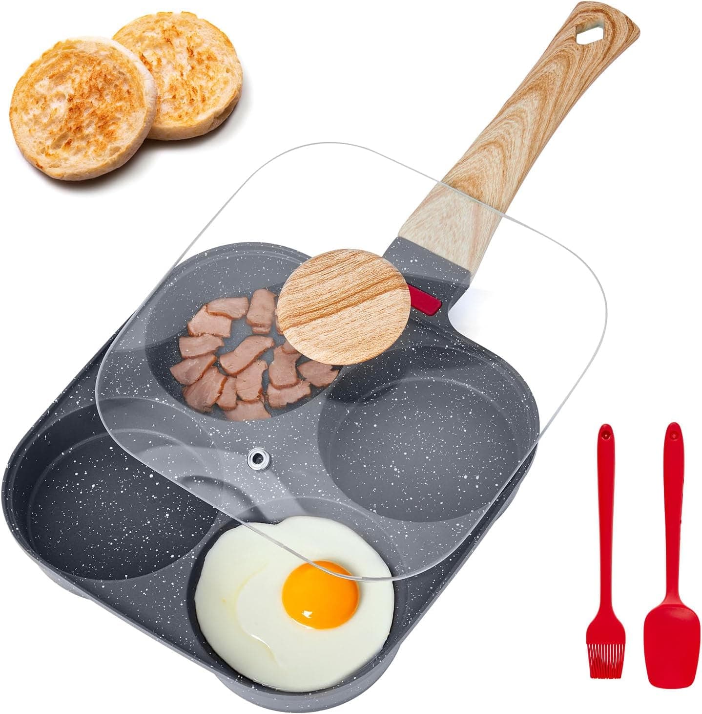 VEVOR Egg Pan, 4-Cup Nonstick Egg Frying Pan, Aluminum Breakfast Omelette Skillet for Pancakes, Hamburgers, Sandwiches, with Lid