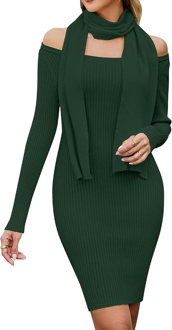 Blooming Jelly Women's Off Shoulder Sweater Dress with Matching Scarf