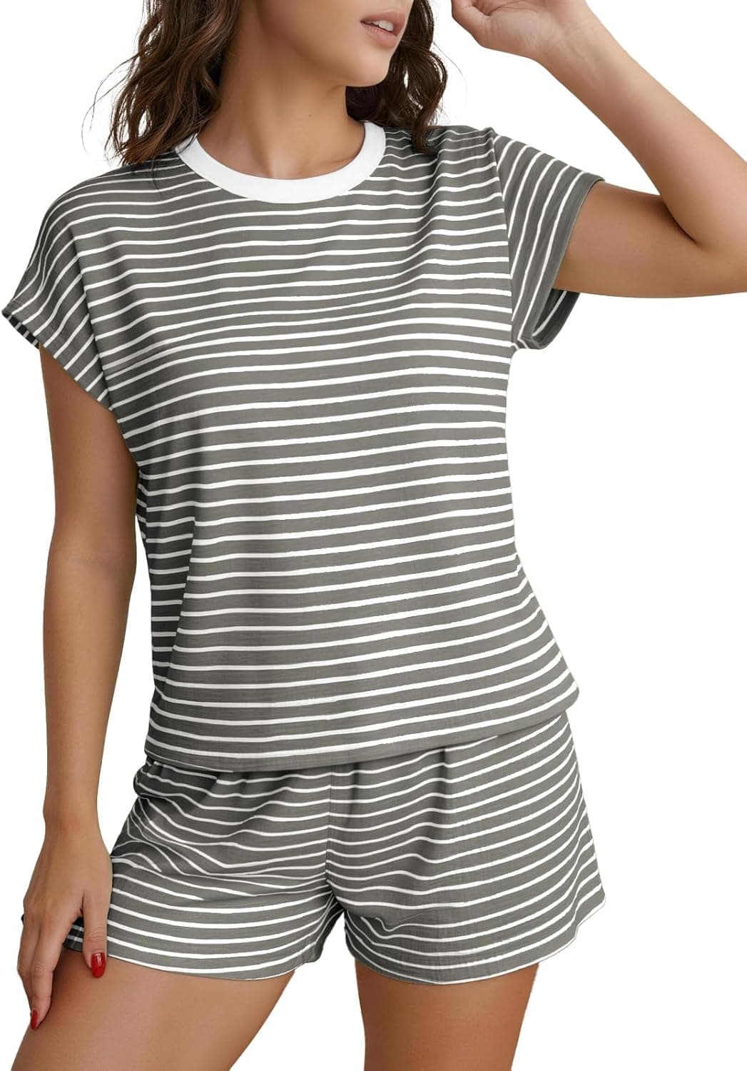 Outfeel Womens Pajama Sets Striped Print Two Piece Lounge Sets Crew Neck Sleepwear Fit T-Shirt and Shorts Set Soft Pjs