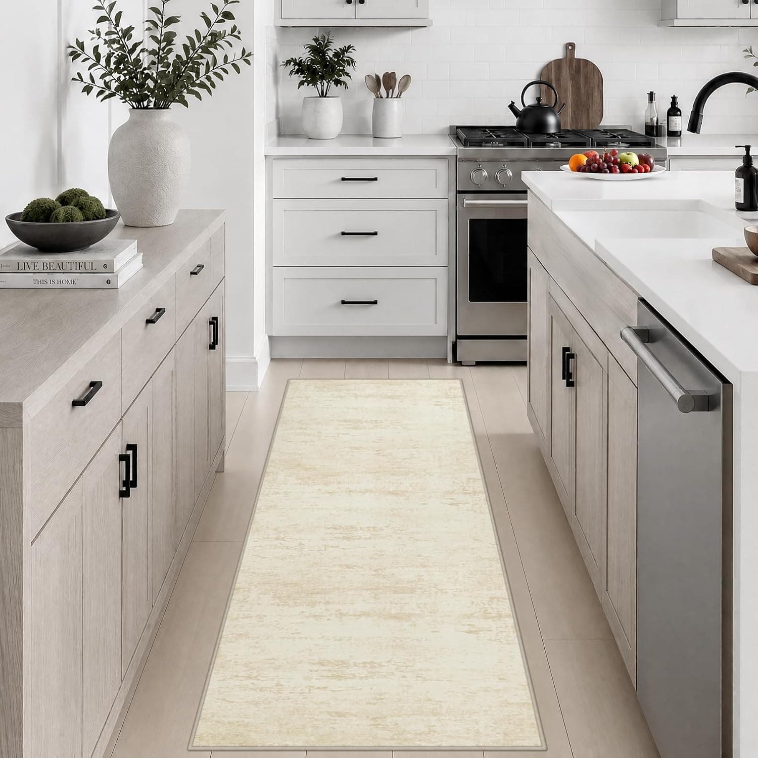 2x5 Washable Runner Rug：Modern Abstract Kitchen Soft Carpet Beige