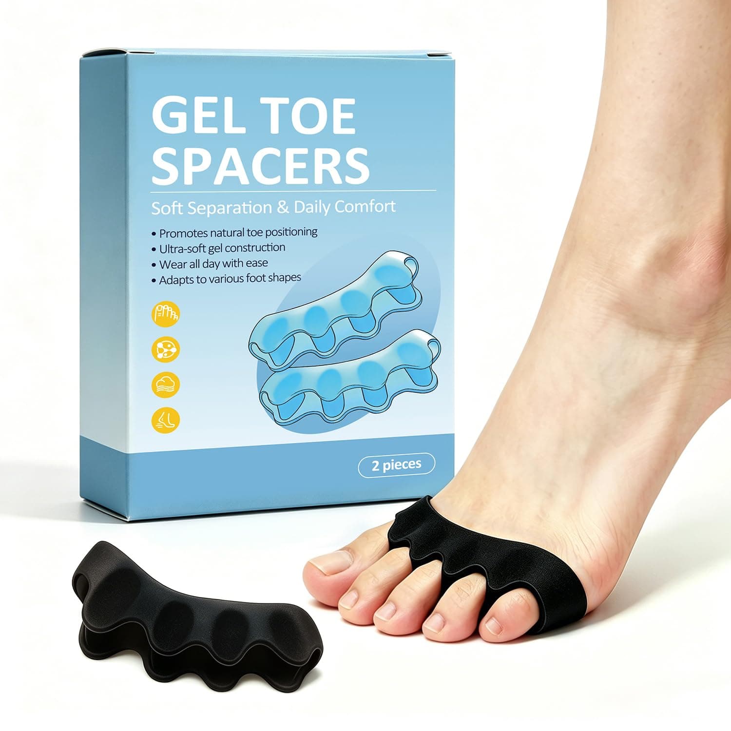 Toe Separators & Toe Spacers for Women Men – Premium Silicone Toe Straightener for Bunion, Hammertoe, Overlapping Toes – Used for Walking, Running & Yoga – 2 Pairs Black (Regular Size)