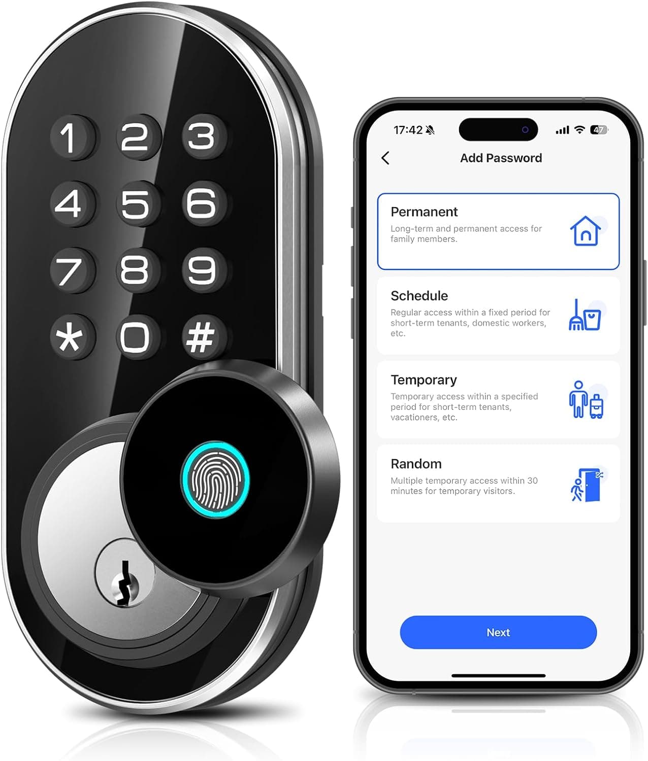 TEEHO TE342 Fingerprint Smart Keyless Entry Door Lock with Keypad, Bluetooth App Remote Control - Electronic Deadbolt for Front Door - Auto Lock - Silver