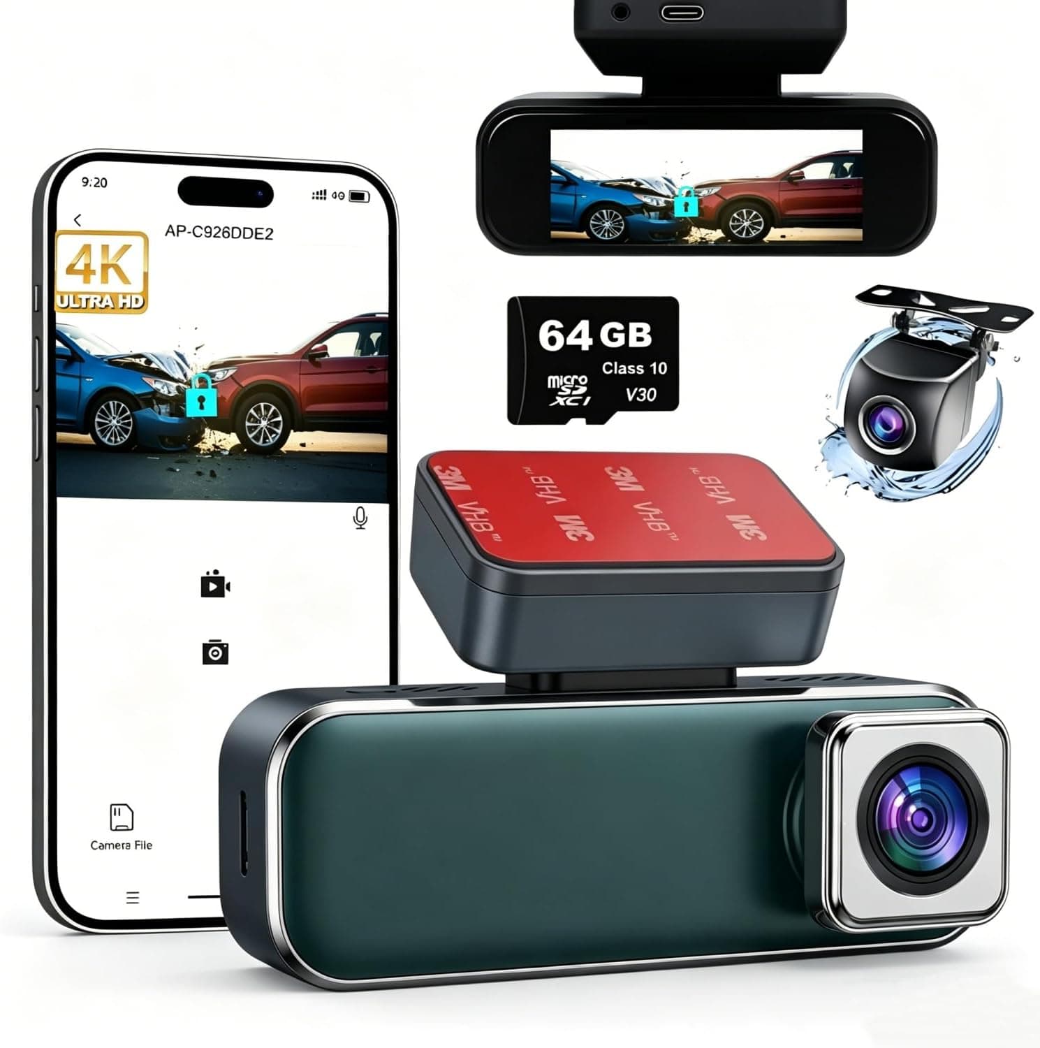 7Track 4K Front + 1080P Rear Dash Cam with WiFi & 64GB Card