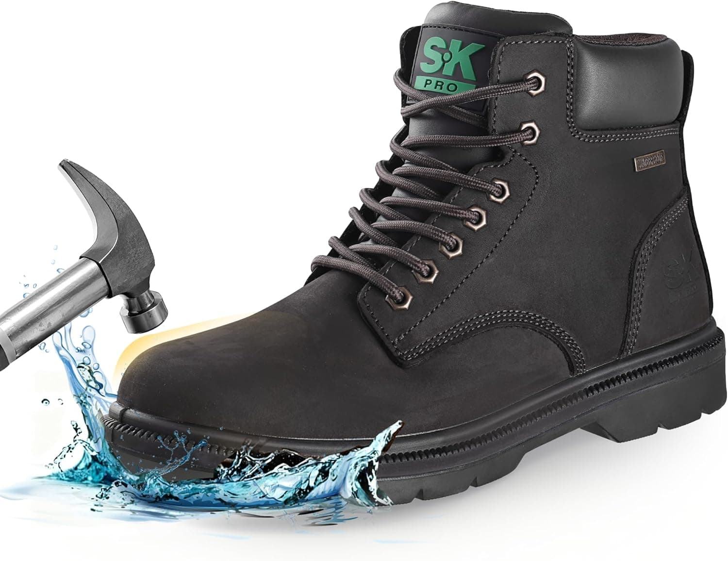 Steel Toe Work Boots for Men, Waterproof Non Slip Safety Shoes for Construction, Comfortable Leather Work Boots