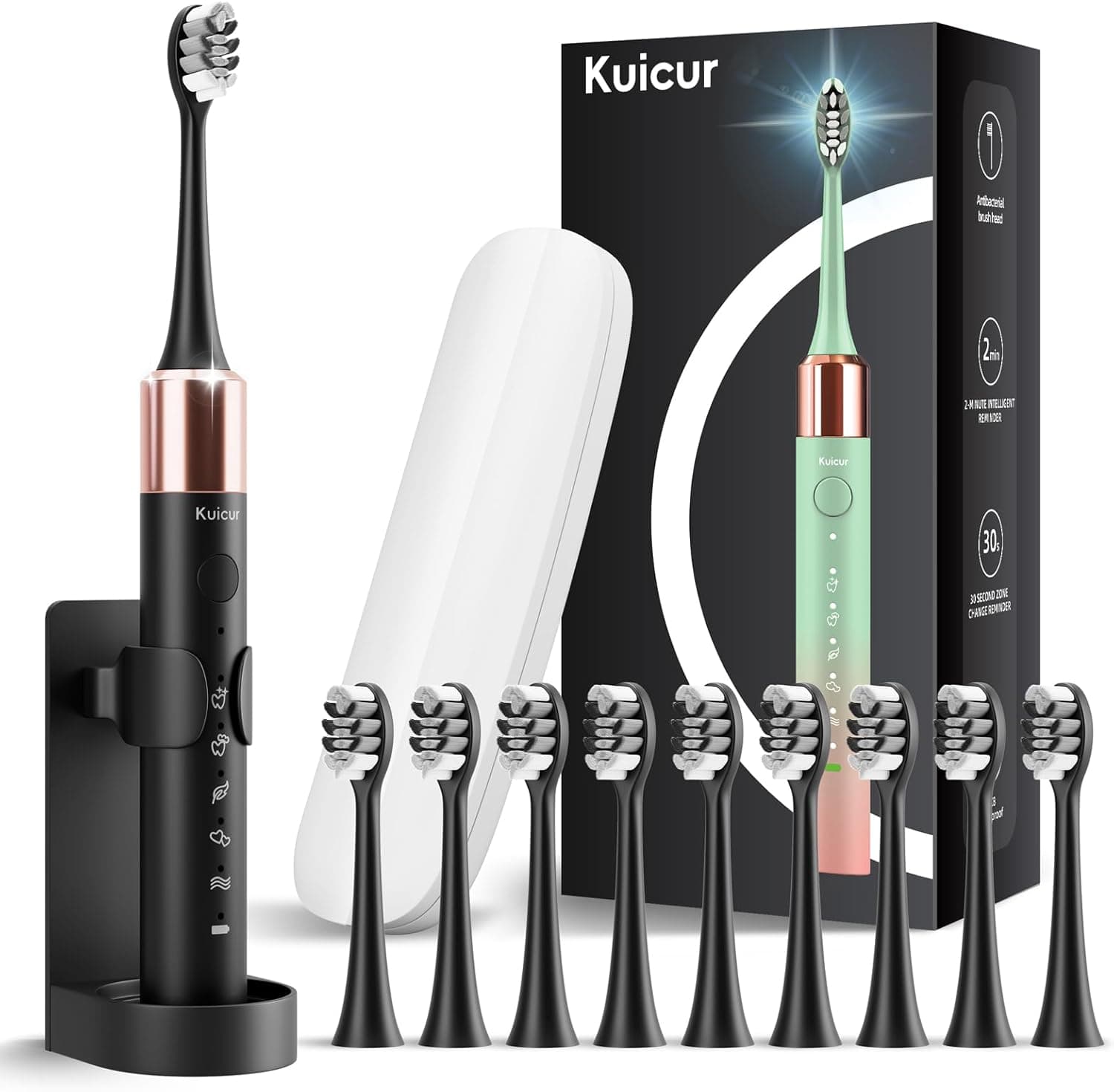 Kuicur Sonic Electric Toothbrush with Travel Case and 10 Brush Heads