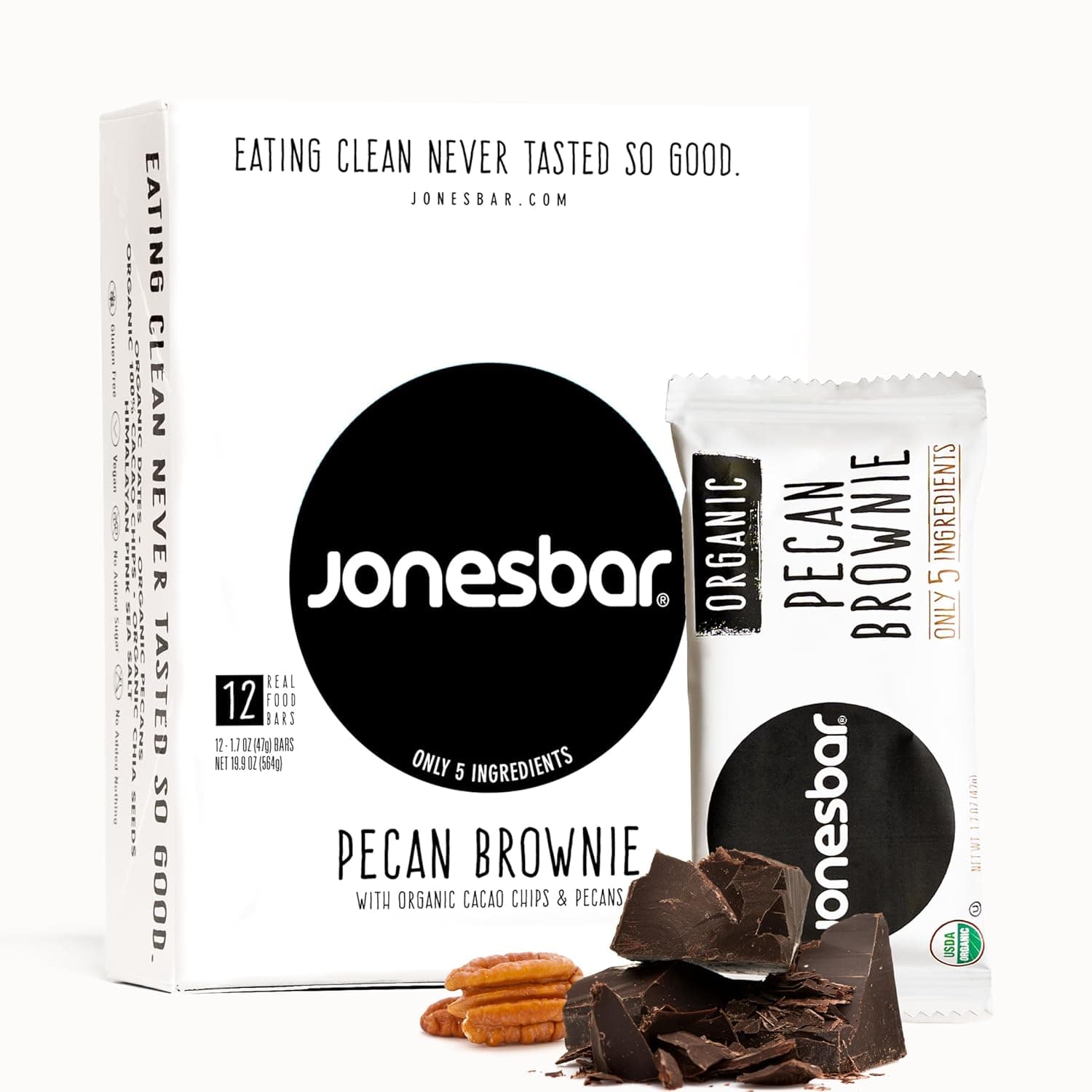 JONESBAR Organic Plant Based Protein Bars | Pecan Brownie | Fruit & Nut Bar, Kosher, Gluten Free, Breakfast Bars, School Snacks, Vegan Snack & Healthy Snacks for Adults and Kids (12 Bars)
