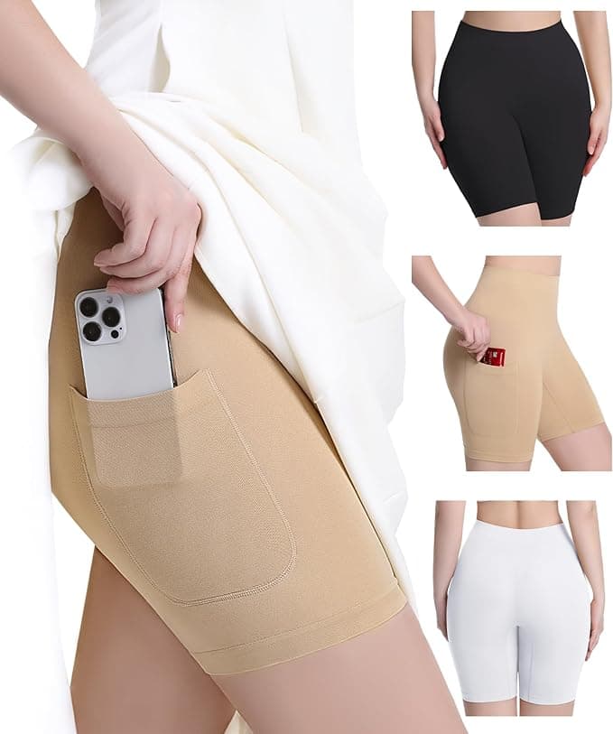 Okimay 3‑Pack Slip Shorts for Under Dress – Smooth Anti‑Chafing Pocket Bike Shorts