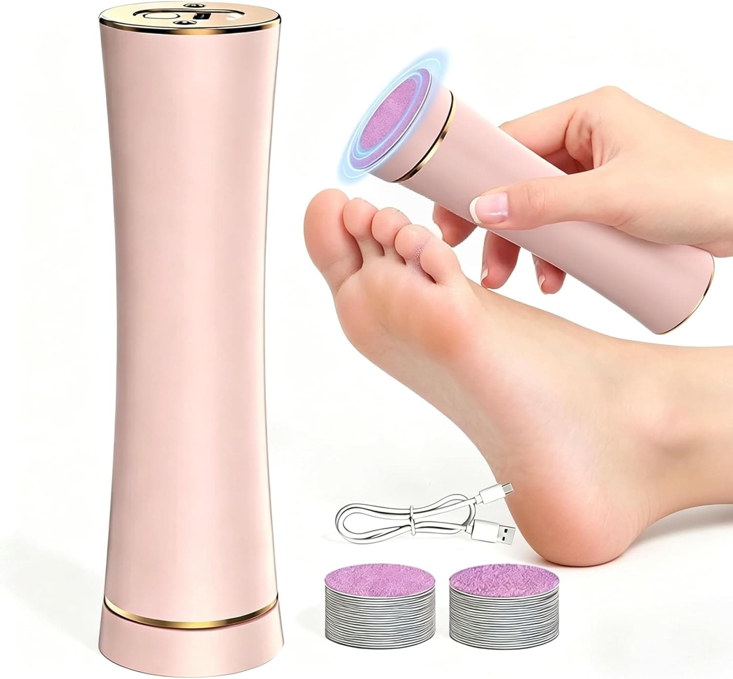 Electric Foot Callus Remover, High-Power Callus Shaver for Cracked Heels & Dead Skin, 2000mAh USB Rechargeable, Aluminum Body with 20 Diamond Replaceable Sanding Pads (Rose Gold)