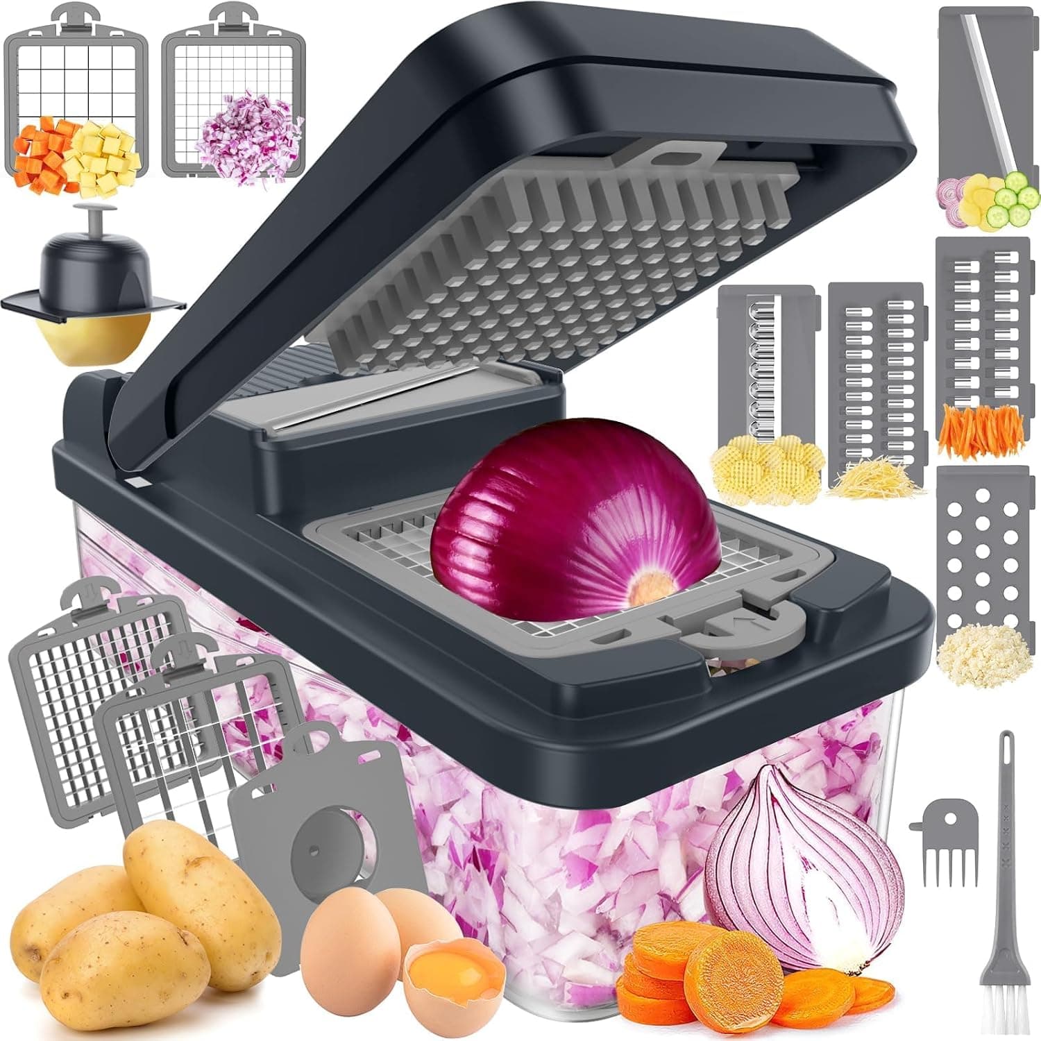 12-in-1 Vegetable Chopper with 7 Blades, Food Veggie Cutter, Mandoline Gray | Includes Egg Separator, Food Container and Finger Guard