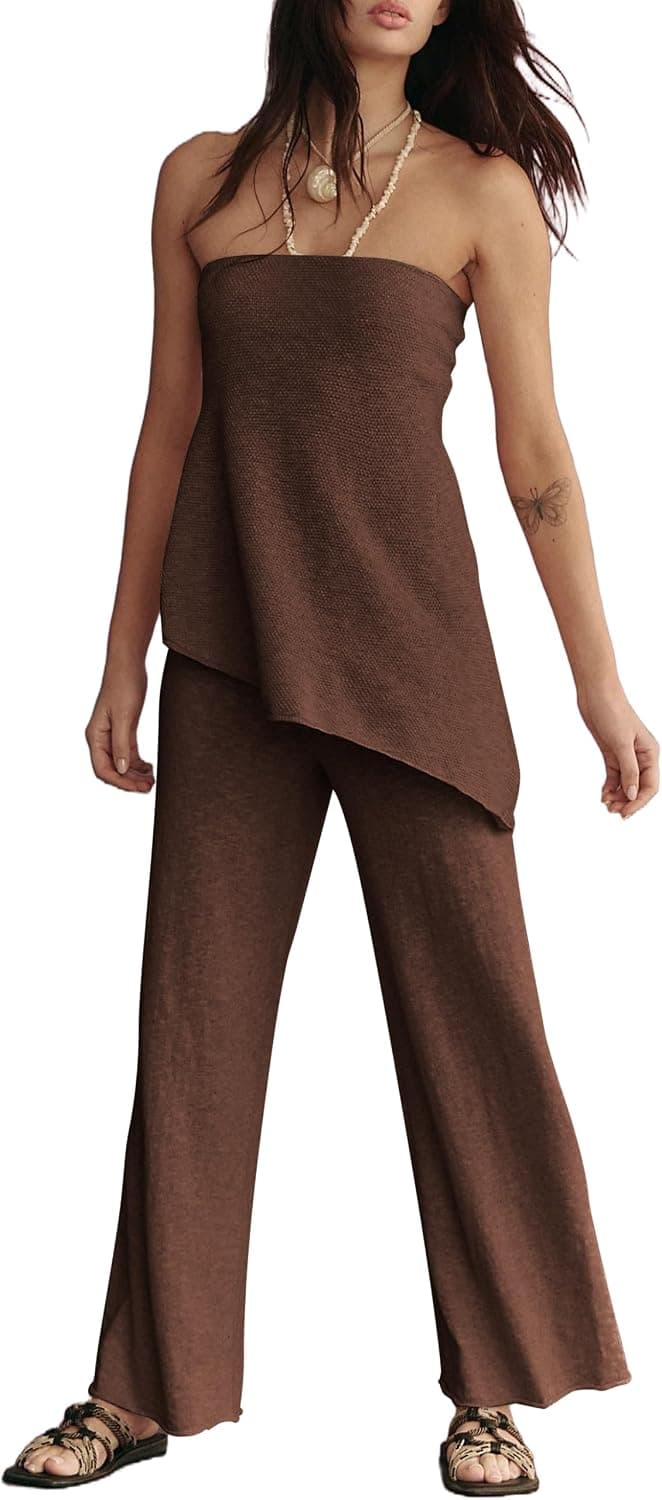 Womens Summer Knit Sweater Sets Off The Shoulder Tube Top and Pants Sets Lounge Sets Vacation 2 Piece Outfits