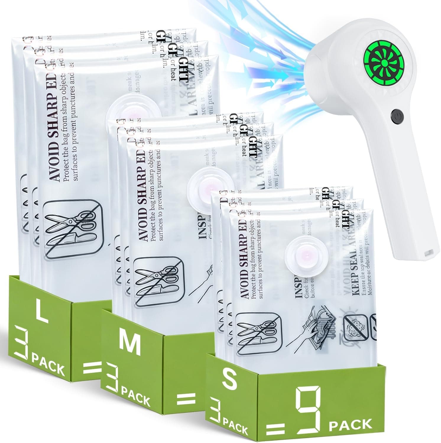 PUFTEM Vacuum Storage Bags with Rechargeable Cordless Pump – 9 Pack Space Saver Set