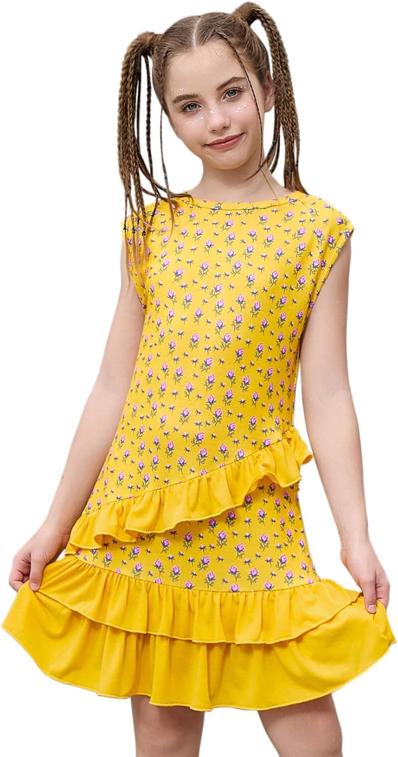 Mirawise Girls Sleeveless Floral Dress Summer Asymmetrical Ruffle Hem Casual Swing Sundress for Kids 4-13 Years
