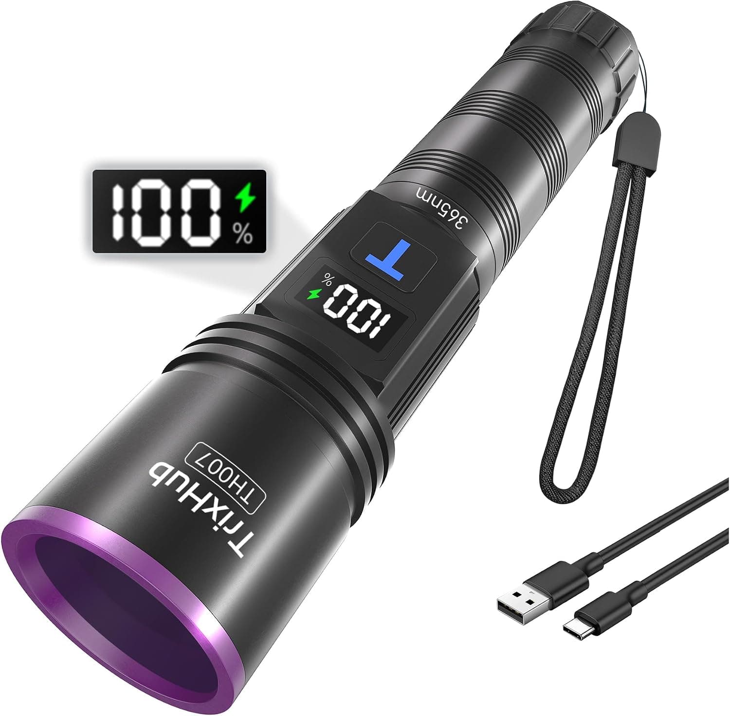 365nm Black Light UV Light Flashlight Rechargeable with LCD Display | Powerful Ultraviolet Lights for Pet Urine Detection, Resin Curing, Rockhounding, Scorpion, Uranium Glass, A/CLeak