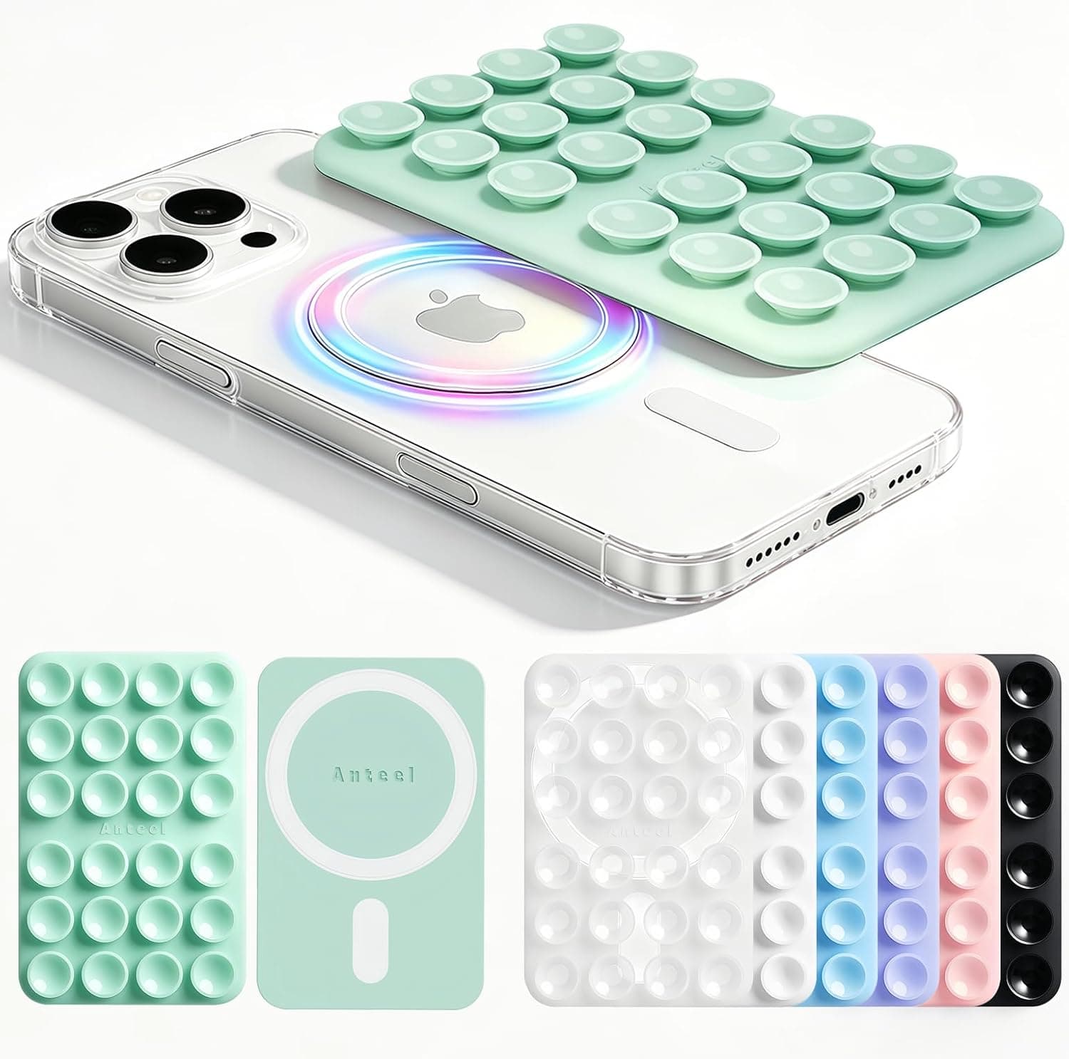 Anteel 2026 Upgraded Suction Magnetic Phone Holder for MagSafe Case, Sticky Grip Double-Sided Silicone Mount for iPhone 13 to 17, Hands-Free Selfie/Video for TikTok Creator/Influencer (Cyan)