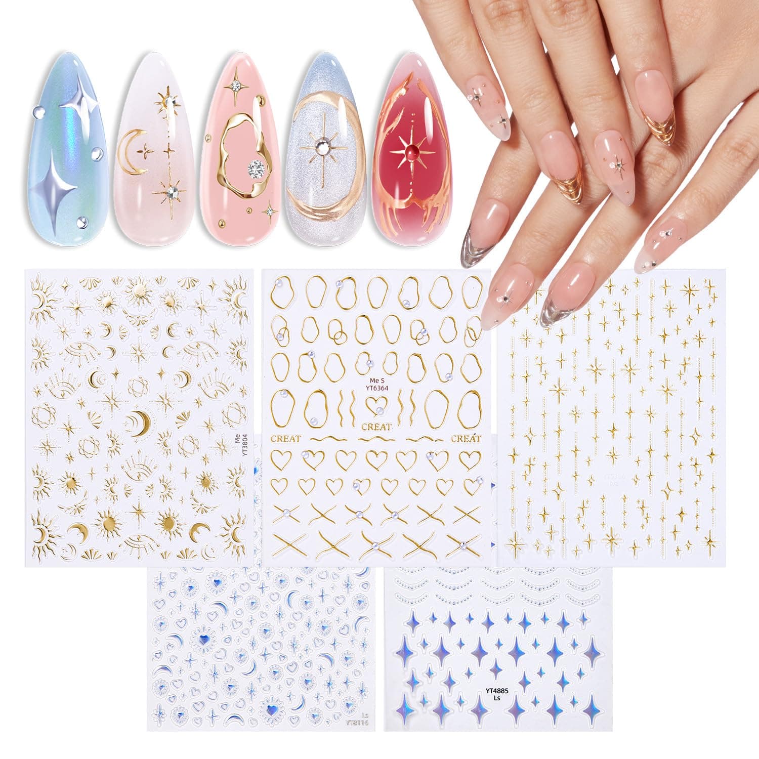 modelones Nail Stickers 3D Self-Adhesive Nail Decals Gold Line Star, Laser Heart & Star Sparkle, Moon Nail Art Holiday Spring DIY Nail Stickers for Women & Kids 5Pcs