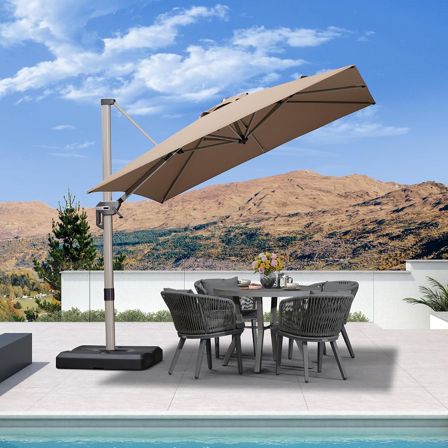 PURPLE LEAF 8’ X 8‘ Patio Umbrella Outdoor Cantilever Umbrella, Aluminum Offset Umbrella with Champagne Frame and 360° Rotation for Pool Deck Garden, Taupe