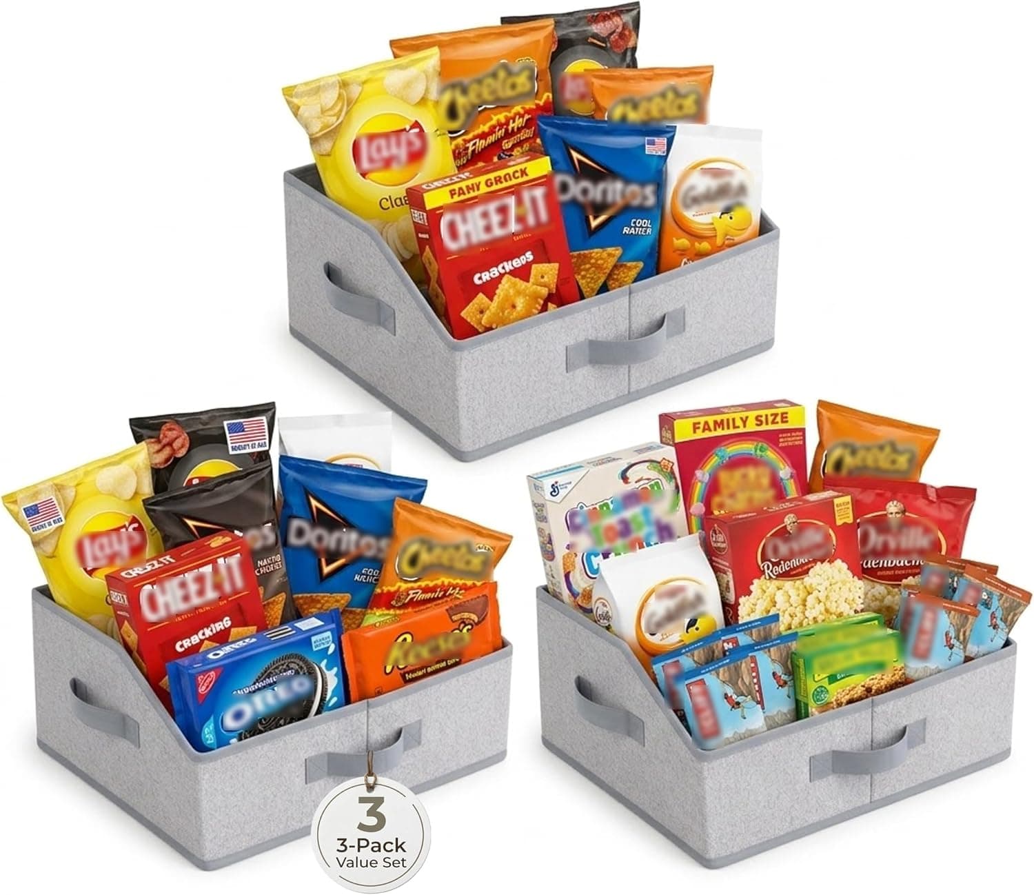 3 Pack Snack Organizer for Countertop, Open Compartment Design for Maximum Storage Space, Angled Front for Easy Grab, Snack Bin with Handles for Pantry, Cabinet, Bedroom & Game Room