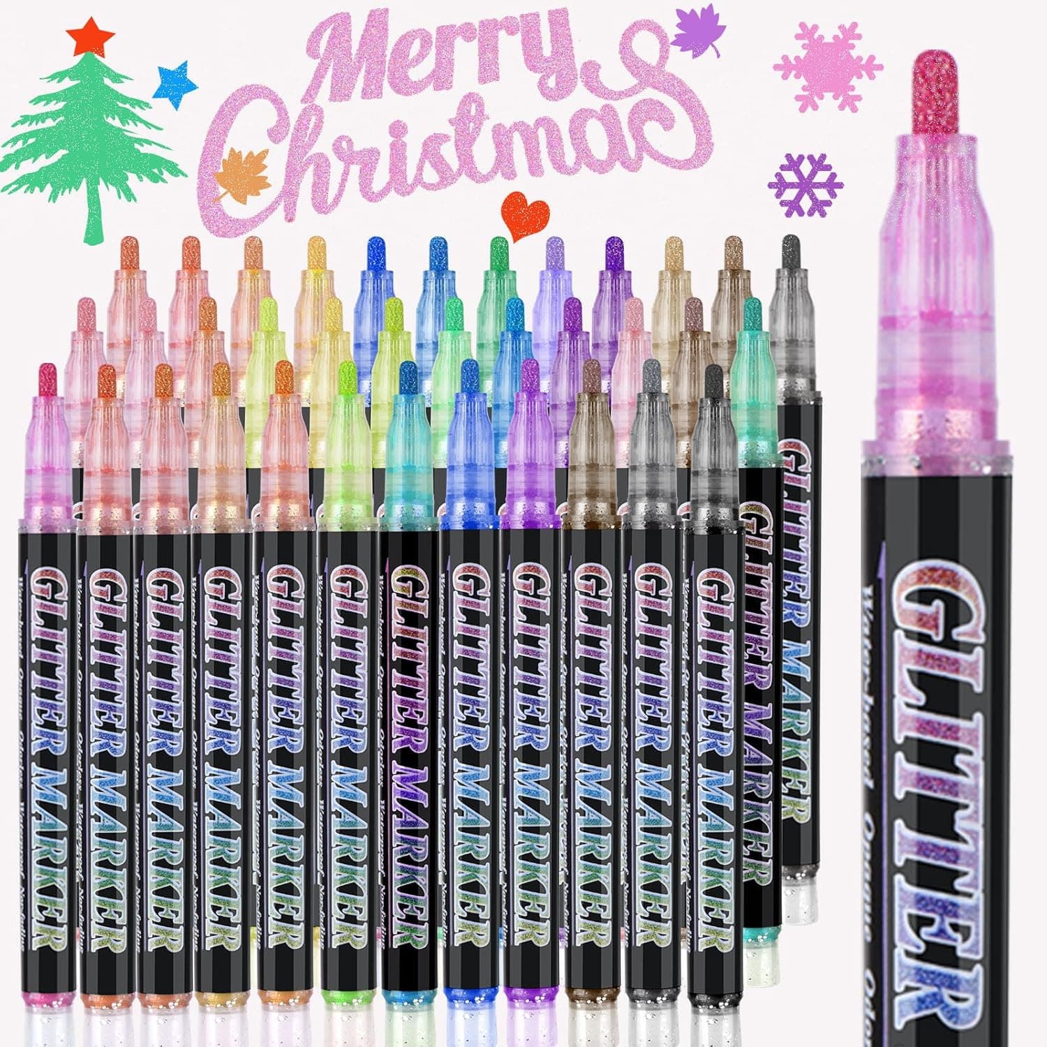 OLINGYOU Glitter Marker Pens, 36 Colors Self‑Shimmer Metallic Markers