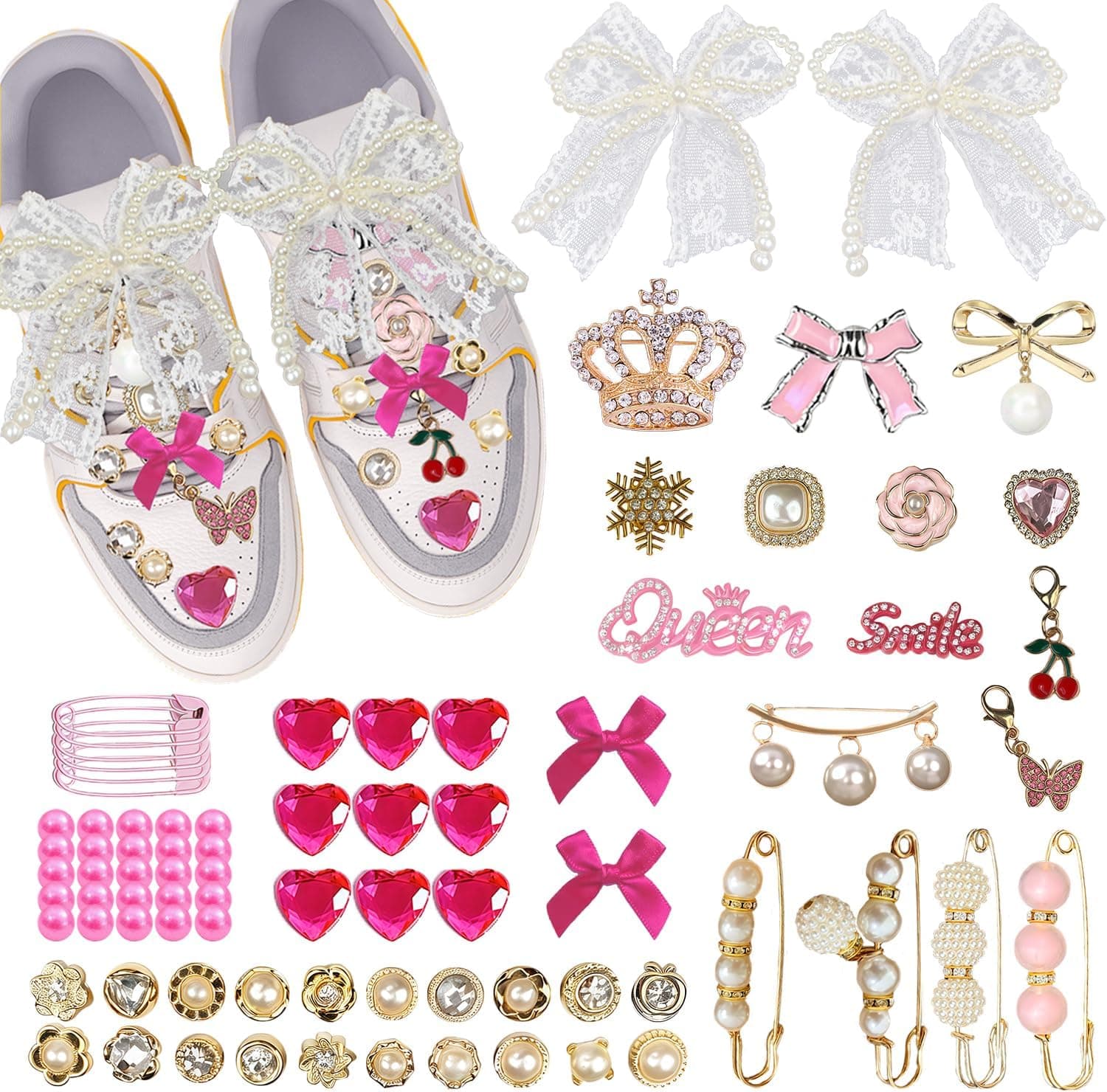 80 Pcs Shoe Charms for Sneakers Junk Socks Charms Kit with Pearl Shoelaces, Cute Bows, Pink Charm, Rhinestone, Brooches and Pins