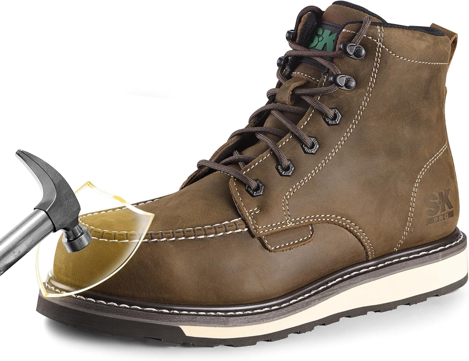 Men's Steel Toe Work Boots, 6'' Moc Toe Safety Boots, Non Slip Comfortable Construction Wedge Work Shoes