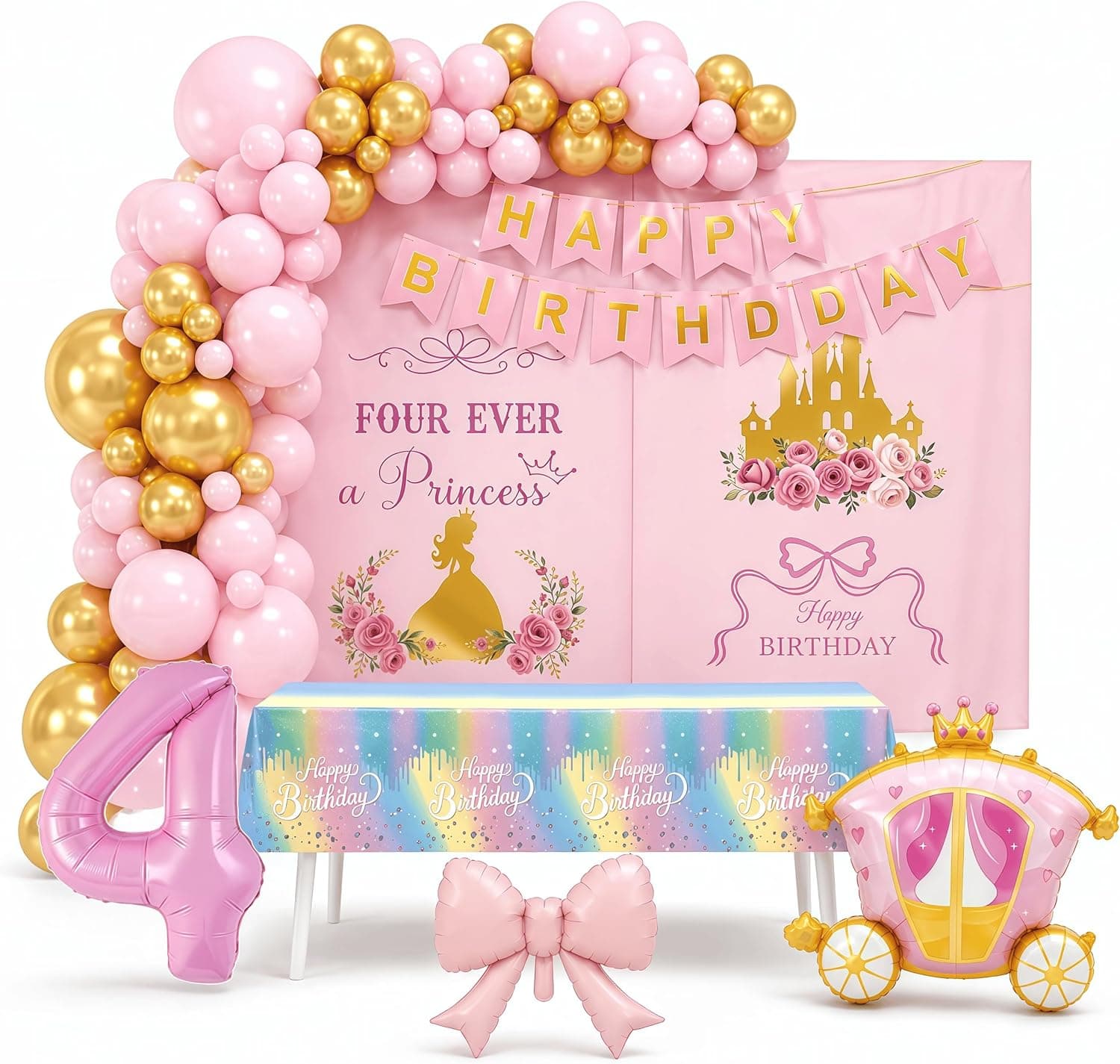 Four Ever a Princess Birthday Decorations, Princess Party Decorations with Backdrop and Tablecloth, 4th Birthday Decorations Girl 84Pcs Balloon Garland Arch Kit & Carriage Foil Balloon
