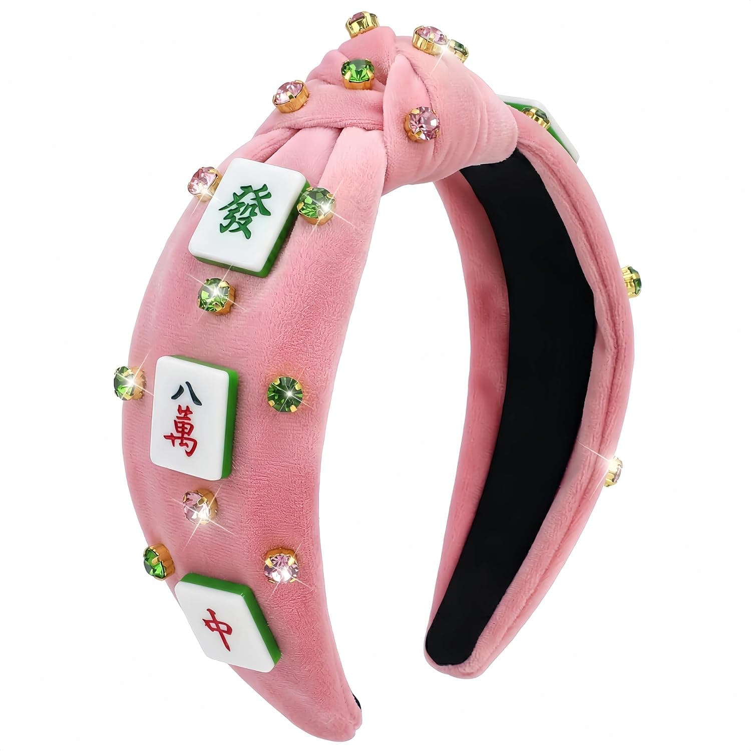 Mahjong Knotted Headband Rhinestone Crystal Embellished Top Knot Hairband, Sparkling Game Night Mahjong Accessories, Unique Mahjong Gifts and Mahjong Jewelry Styling Combos for Players (Pink)