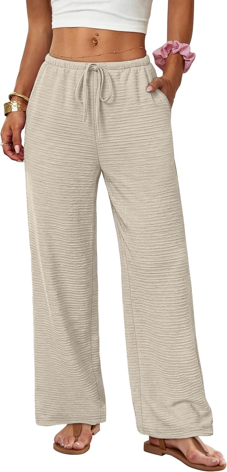 Sampeel Wide Leg Pants for Women Flowy Palazzo Drawstring Elastic Waist Trousers with Pockets Summer Beach Vacation Clothes